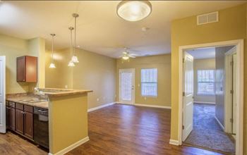 A kitchen with a counter and cabinets.